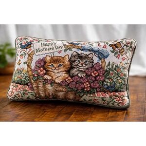 Vintage Tapestry Cat Kitten Throw Pillow Mothers Day Floral Cottagecore Decor